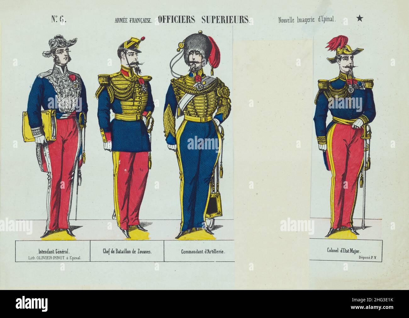 Illustrazioni vintage dell'esercito francese. Alti funzionari francesi. D'Epinal. 1860 da sinistra a destra: Intendente generale, comandante del Battaglione Zouaves, Artil Foto Stock