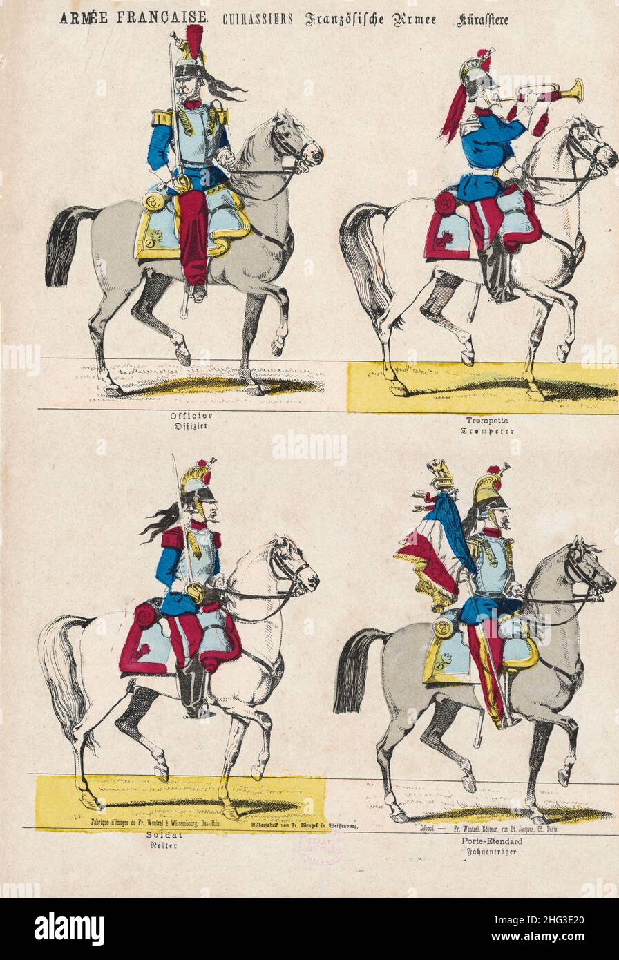 Illustrazione vintage a colori dell'Esercito Francese. Cuirassiers. 1869 ufficiale, batterista, soldato, cavallerista, portatore di bandiera Foto Stock