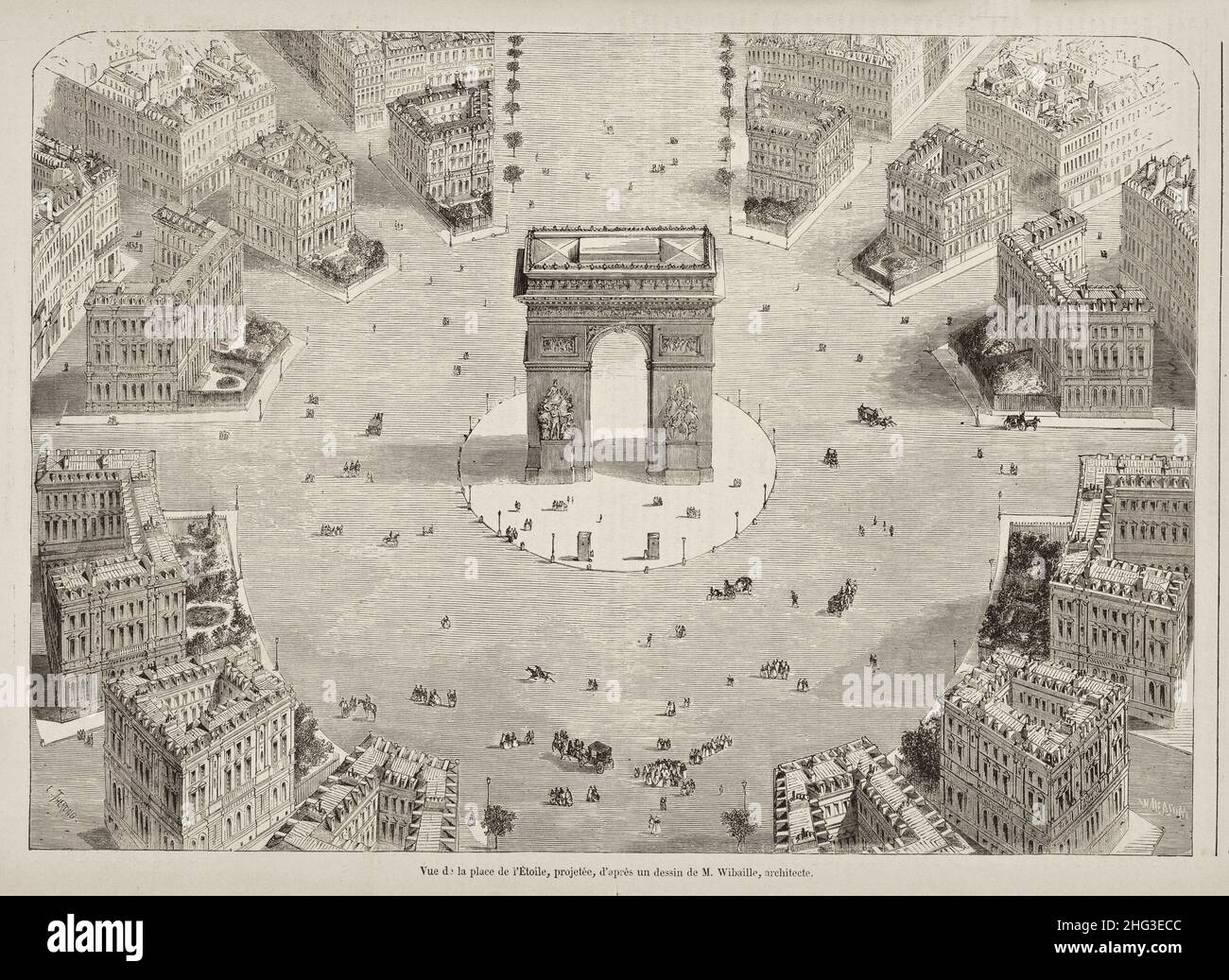 Incisione del 19th secolo dell'Arco di Trionfo (Place Charles de Gaulle), progettata, secondo un disegno di M. Wibaille, architetto. Parigi, F. Foto Stock