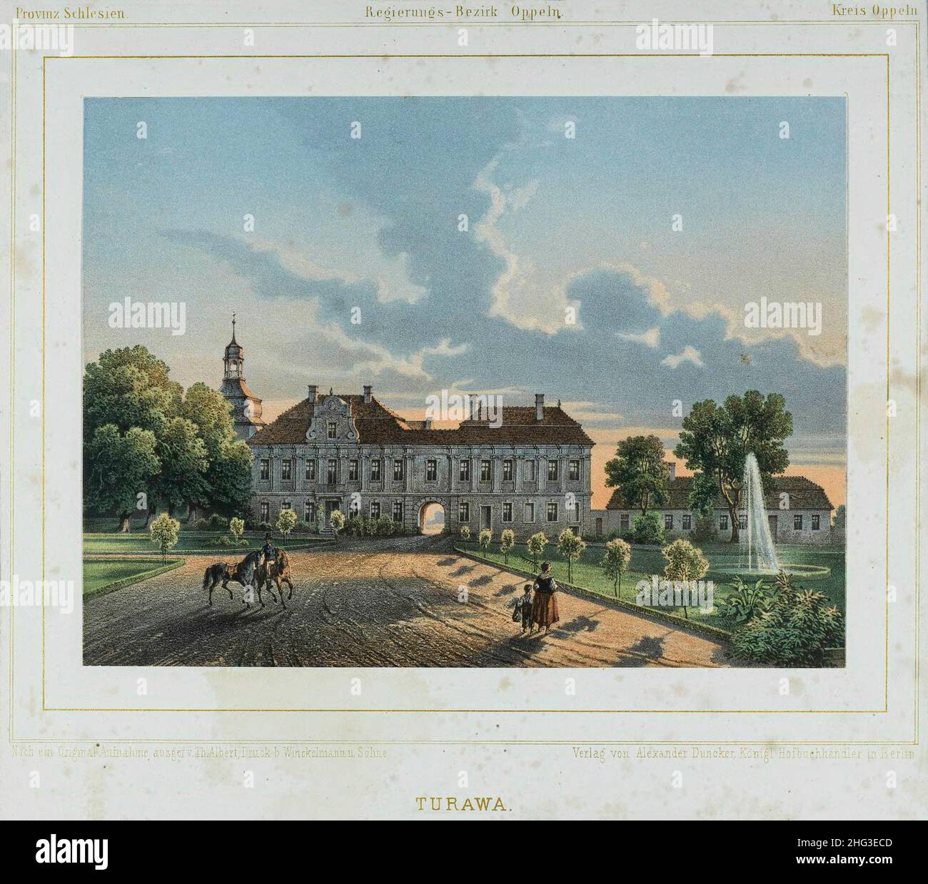 La litografia d'epoca del 19th secolo del Palazzo Turawa di Theodor Albert (1822-1867). Slesia, Polonia (1742-1945 - Prussia, Germania) Foto Stock