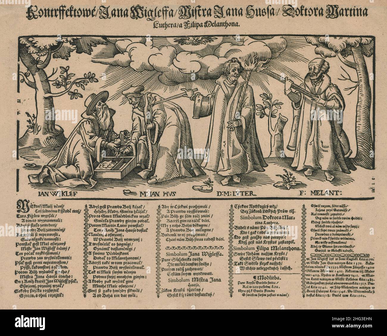 L'incisione del 16th di John Wycliffe, Jan Hus, Martin Luther e Philip Melanchthon. 1569 Allegoria della successione intellettuale delle idee di riforma. Joh Foto Stock