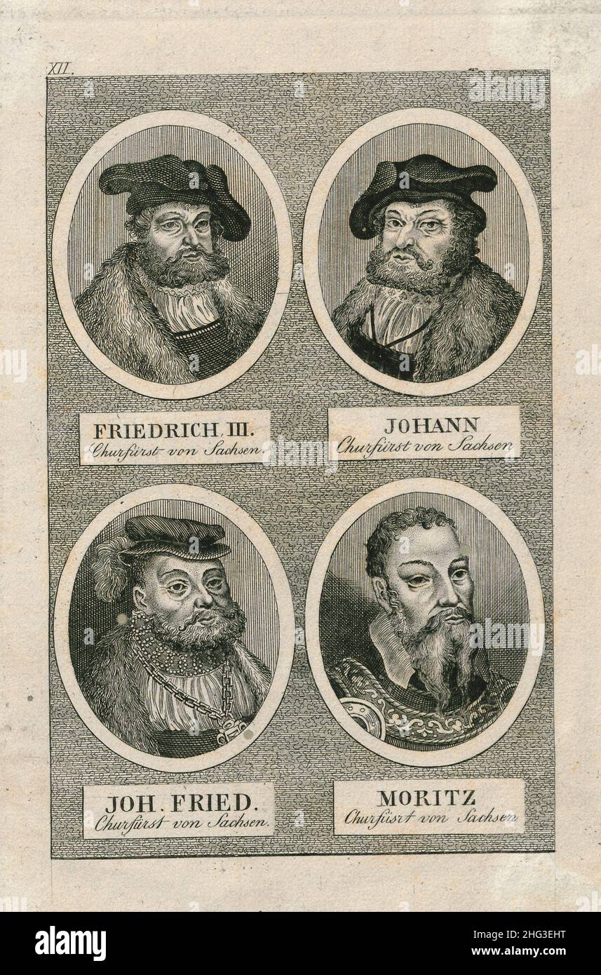L'incisione del 18th secolo: Friedrich III, Principe-Elettore di Sassonia, Johann, Principe-Elettore di Sassonia, John Friedrich, Principe-Elettore di Sassonia, Morit Foto Stock