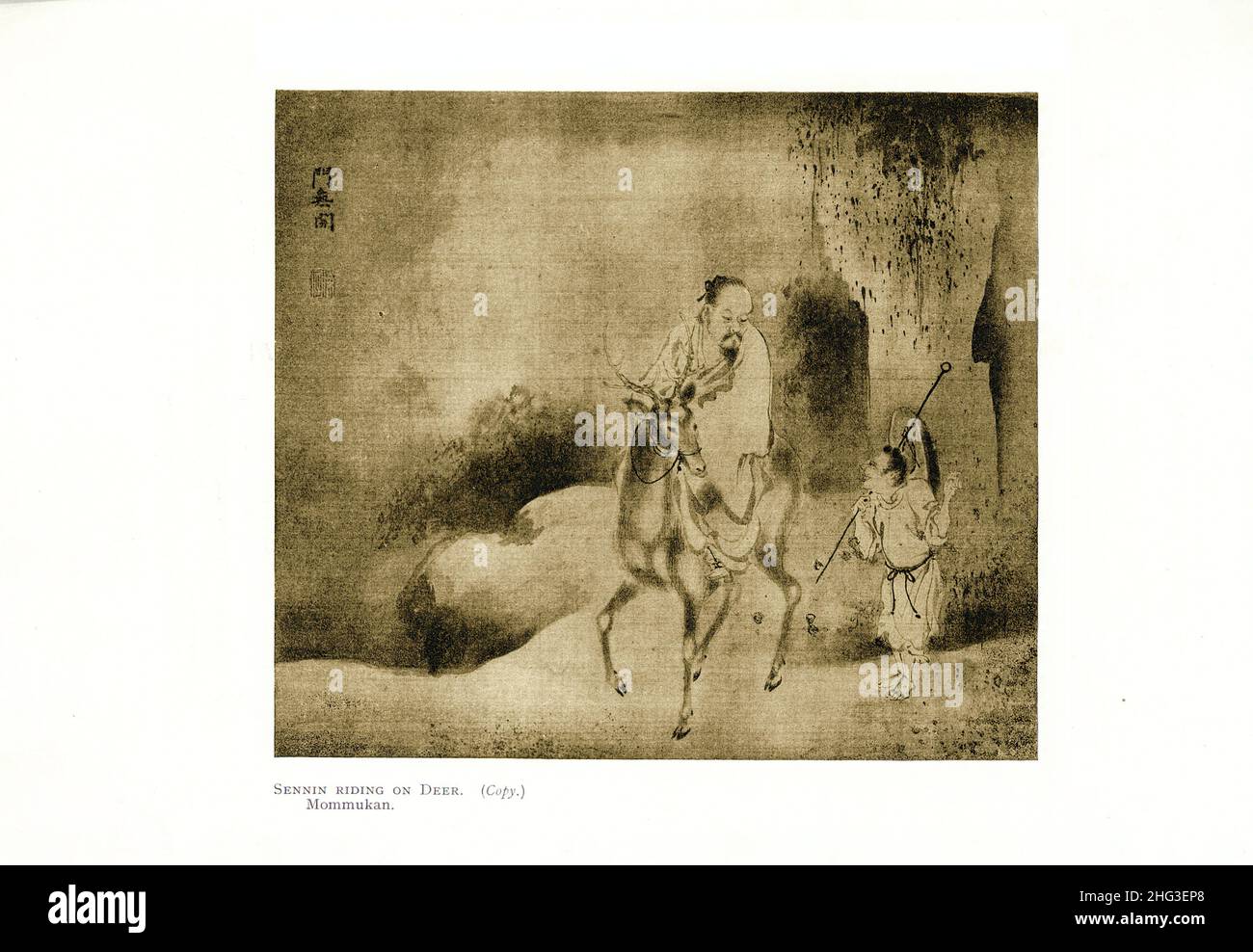 Pittura medievale giapponese: Sennin Riding on Deer. Mommukan. Riproduzione di un'illustrazione del libro di 1912 Foto Stock