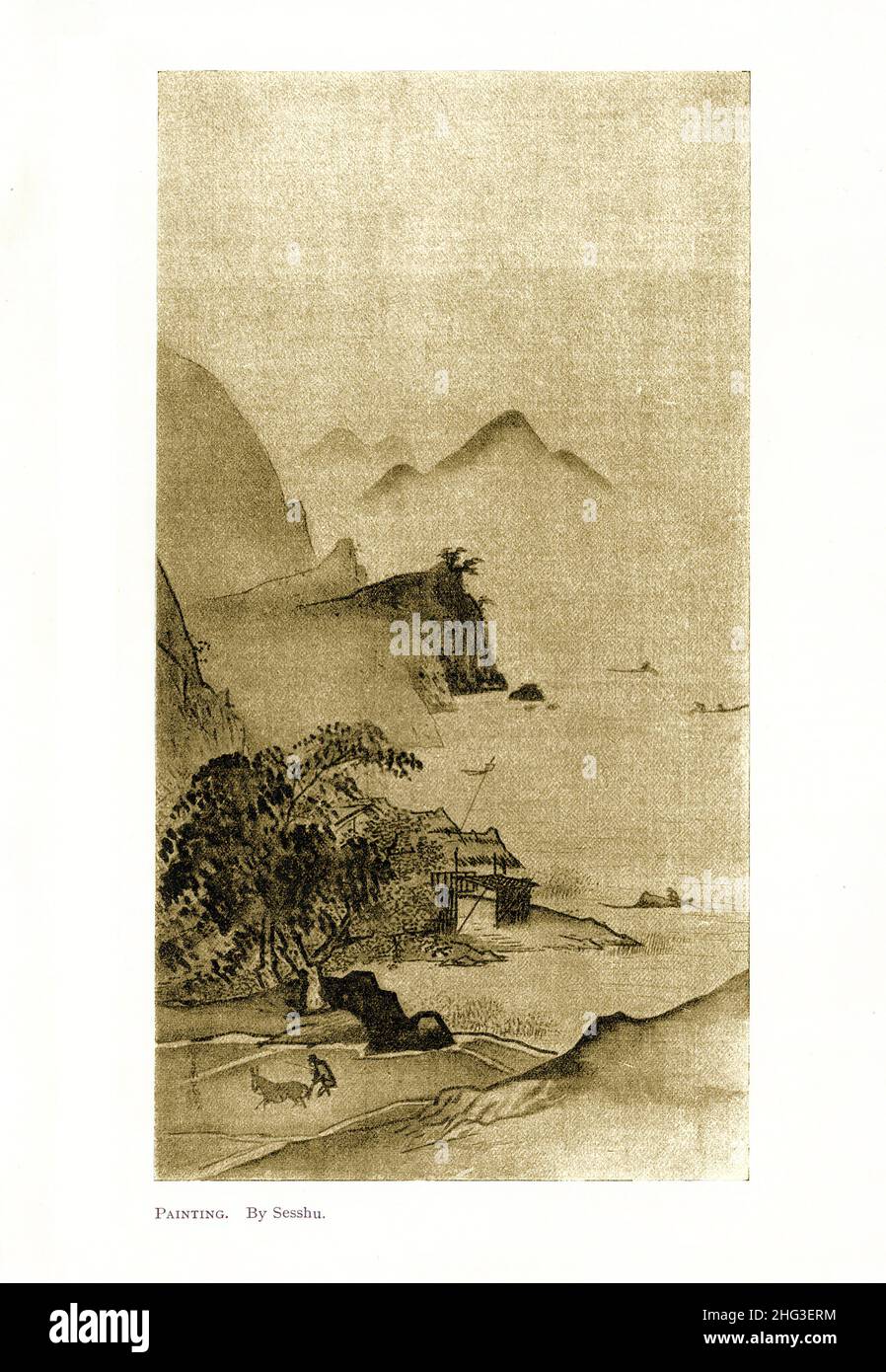 Dipinto medievale giapponese di Sesshu. Riproduzione di un'illustrazione del libro di 1912 Sesshū Tōyō (雪舟 等楊) (nota come Oda Tōyō, Unkoku o Bikeisai; 1420 – 26 Foto Stock