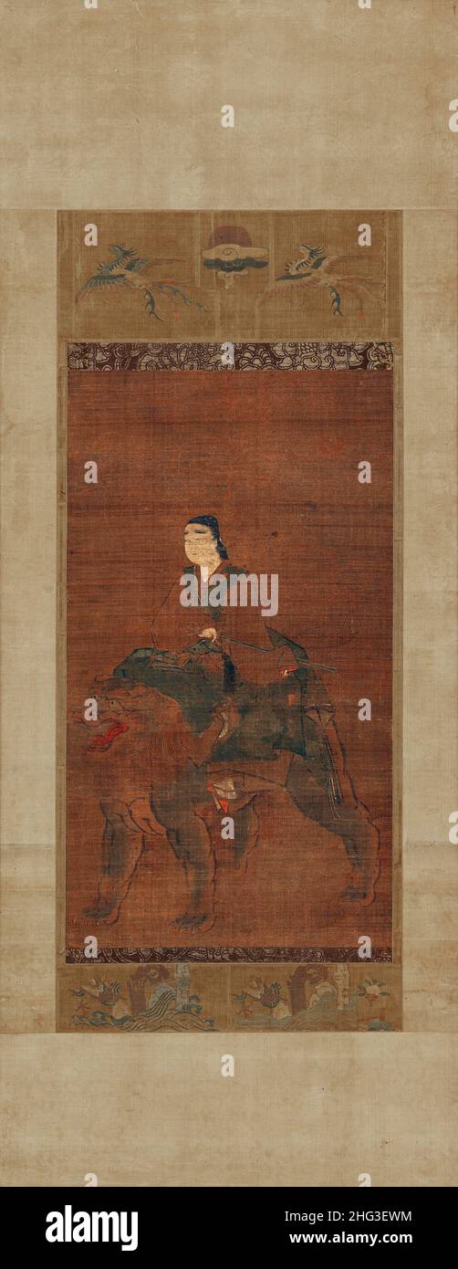 Pittura medievale giapponese: Manjushri a cavallo di un leone. Periodo Muromachi, 1392-1568 Foto Stock