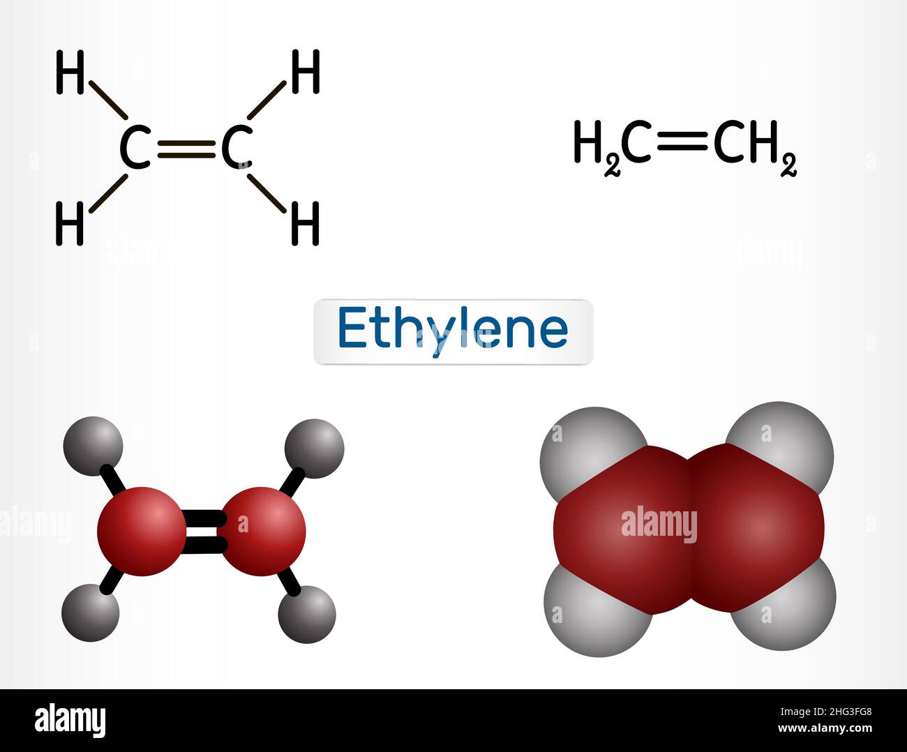 Etilene, etano, molecola C2H4. È composto organico, idrocarburo, alchene. Formula chimica strutturale e modello molecolare. Illustrazione vettoriale Illustrazione Vettoriale