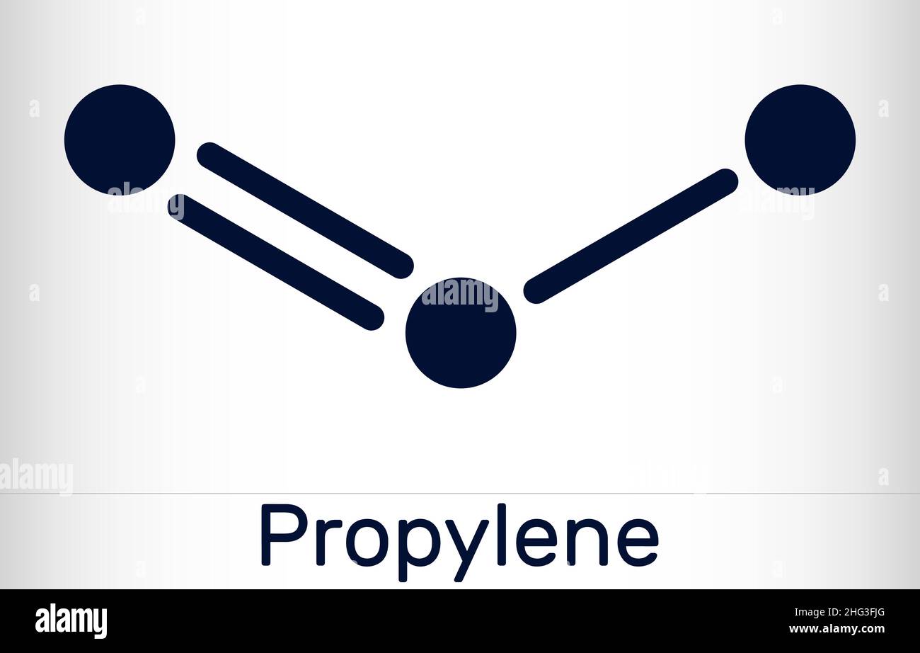 Propene, molecola di propilene. È il più semplice membro della classe alchenica di idrocarburi, composto organico insaturo con doppio legame. Chemica scheletrica Illustrazione Vettoriale