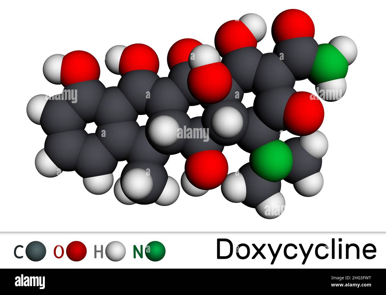 Molecola di doxiciclina. È antibiotico tetraciclina ad ampio spettro usato per trattare un'ampia varietà di infezioni batteriche. Modello molecolare. 3D rendering Foto Stock