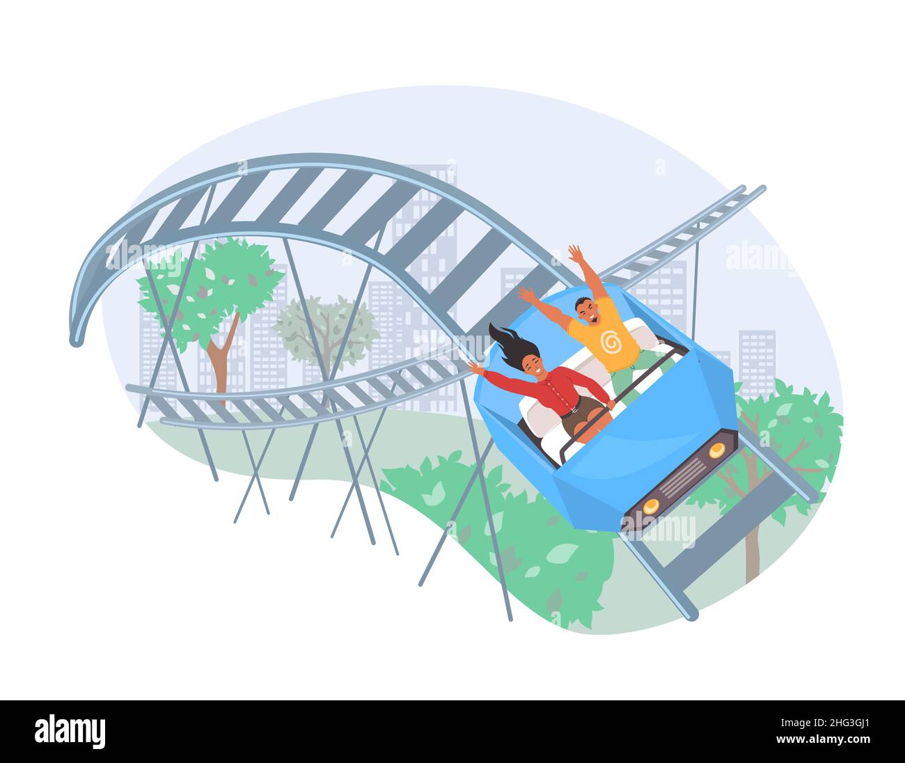 Persone che cavalcano montagne russe, illustrazione vettoriale. Attrazione del parco divertimenti Fairground. Intrattenimento, attività per il tempo libero Illustrazione Vettoriale