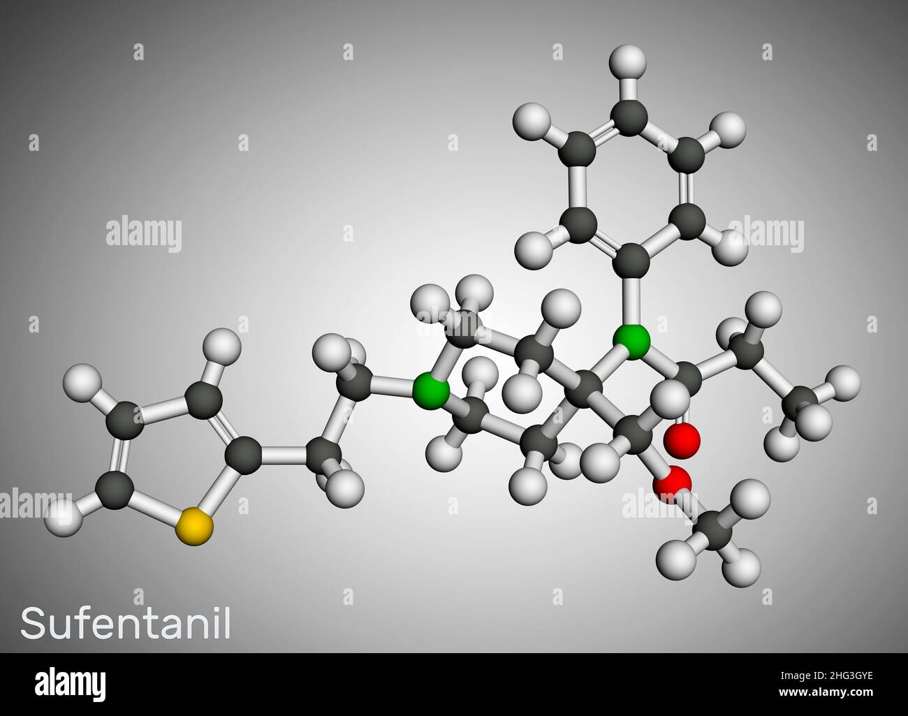 Molecola di sufentanil. È un analgesico oppioide, agente anestetico, utilizzato per trattare il modello molecolare del dolore acuto grave. 3D rendering. Illustrazione Foto Stock