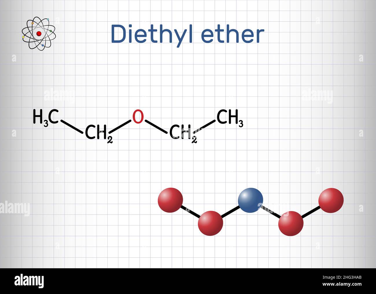Etere dietilico, molecola di etere etilico. È un etere in cui l'atomo di ossigeno è legato a due gruppi etilici. Formula chimica strutturale, modalità molecola Illustrazione Vettoriale