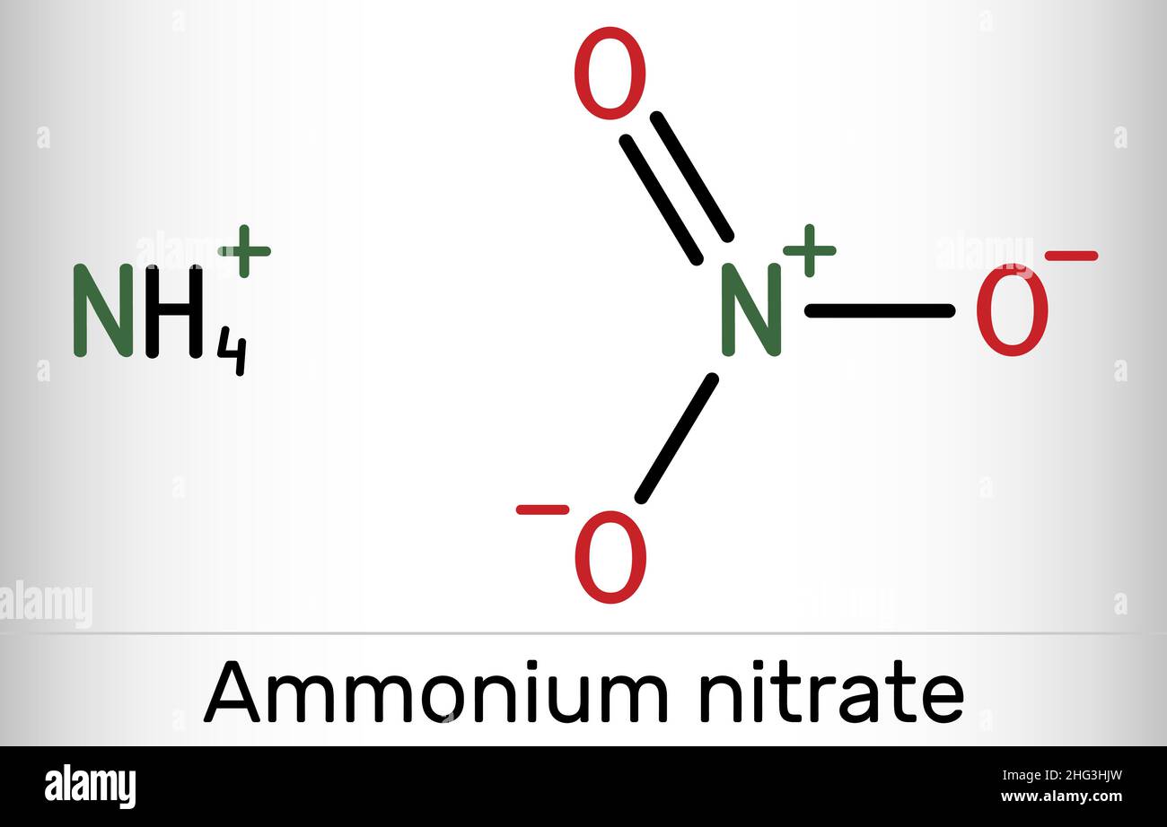 Nitrato di ammonio, molecola NH4NO3. È sale di ammonio dell'acido nitrico. Utilizzato per la produzione di fertilizzanti ed esplosivi, nella produzione di antibiotici e lieviti. SK Illustrazione Vettoriale