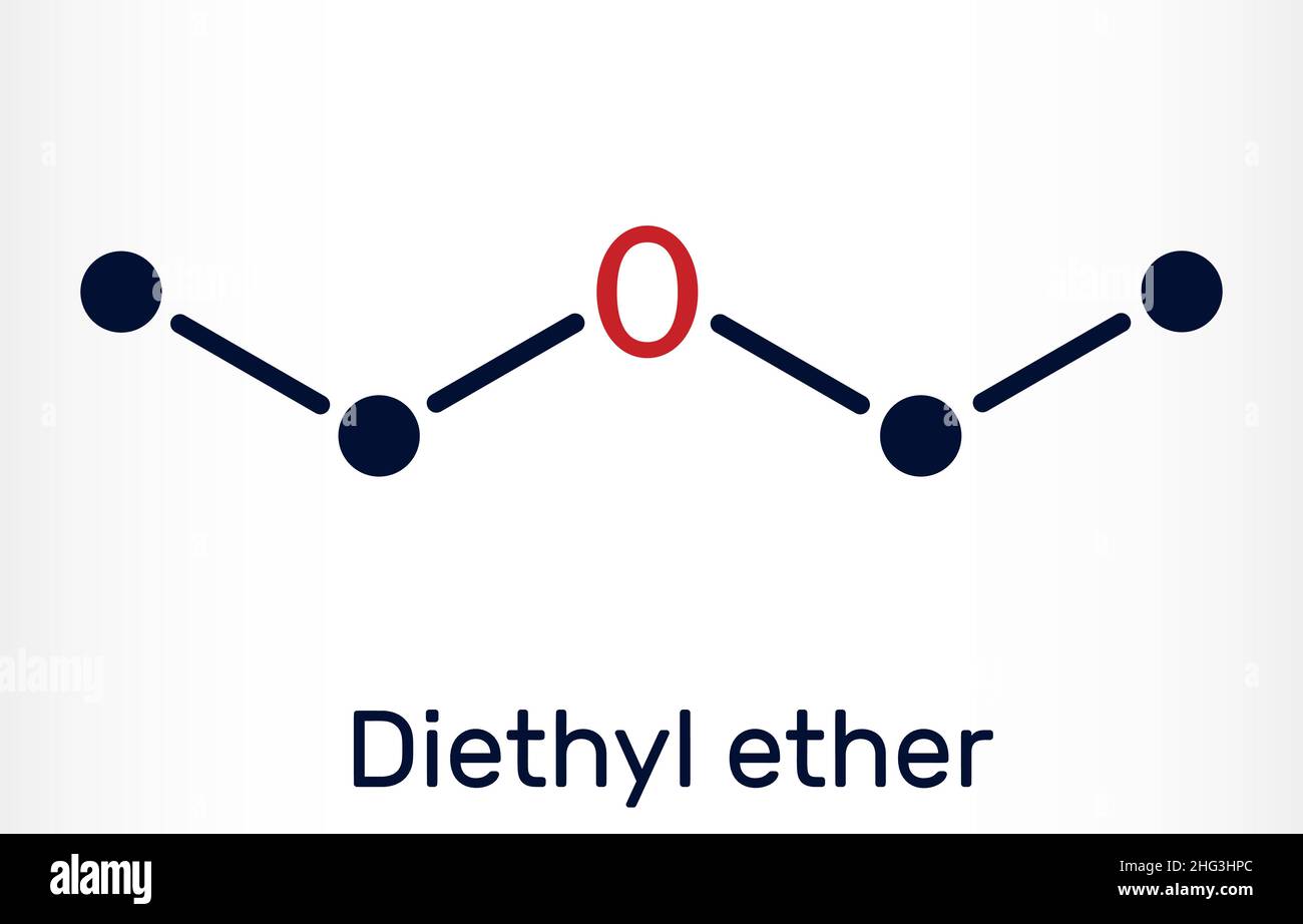 Etere dietilico, molecola di etere etilico. È un etere in cui l'atomo di ossigeno è legato a due gruppi etilici. Formula chimica scheletrica. Illustrazione vettoriale Illustrazione Vettoriale