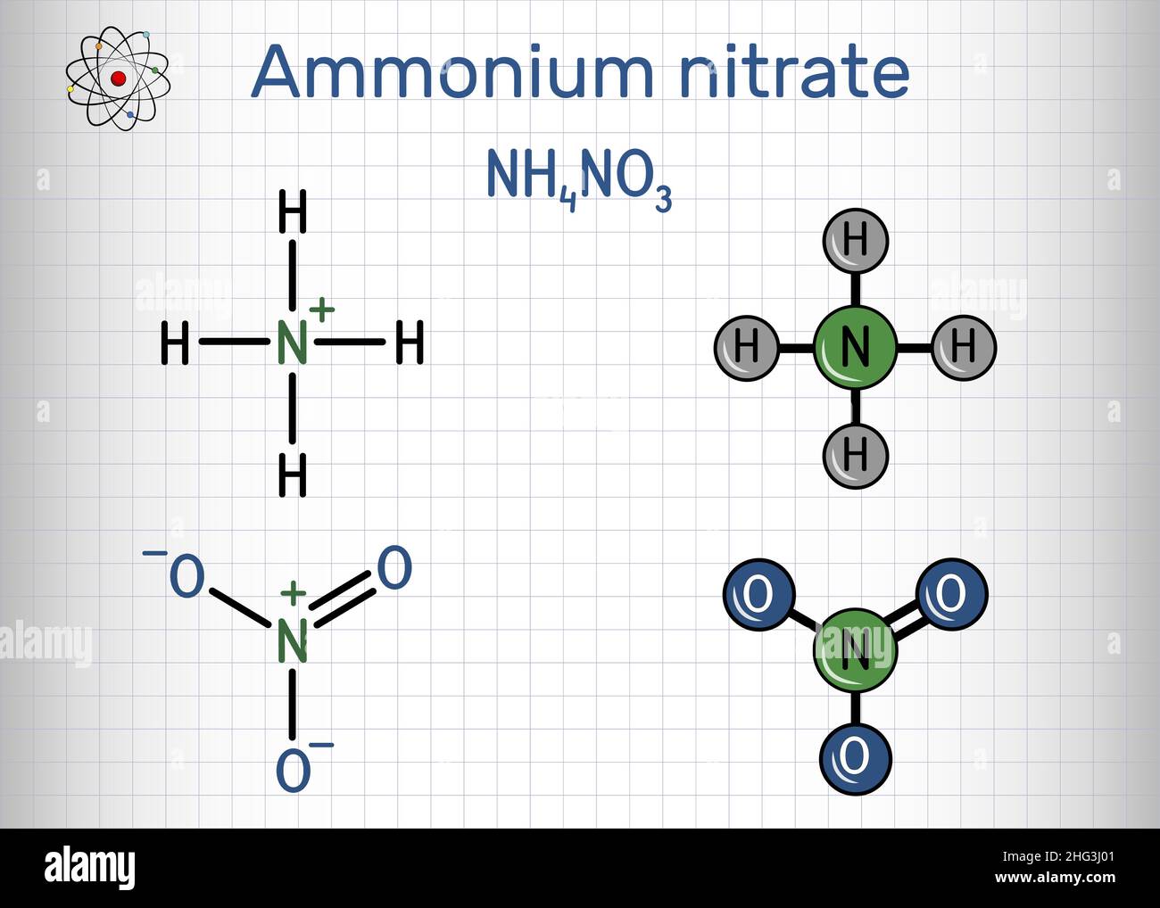 Nitrato di ammonio, molecola NH4NO3. È sale di ammonio dell'acido nitrico. Utilizzato per la produzione di fertilizzanti ed esplosivi, nella produzione di antibiotici e lieviti. SH Illustrazione Vettoriale