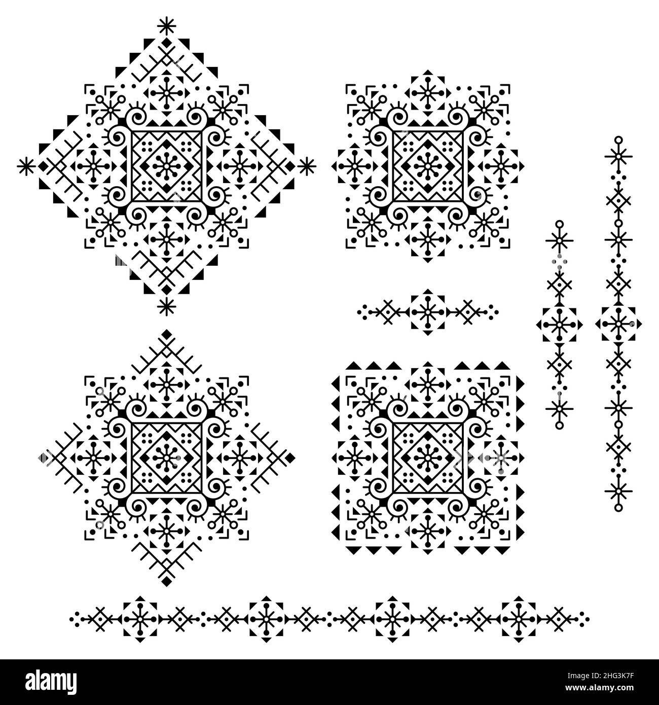 Set di design vettoriale geometrico a linee tribali - ornamenti quadrati e lunghi, moderni motivi minimal in bianco e nero ispirati al vecchio nordico Illustrazione Vettoriale