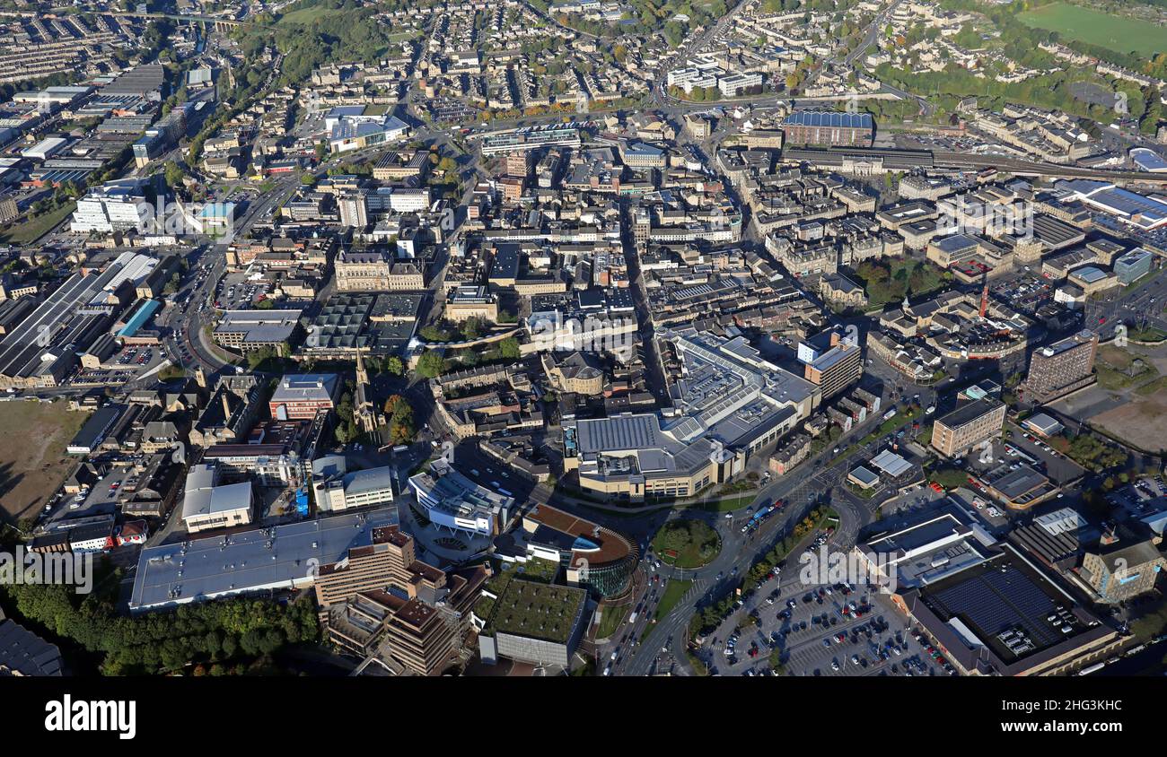 Vista aerea di Huddersfield Town Center, West Yorkshire Foto Stock