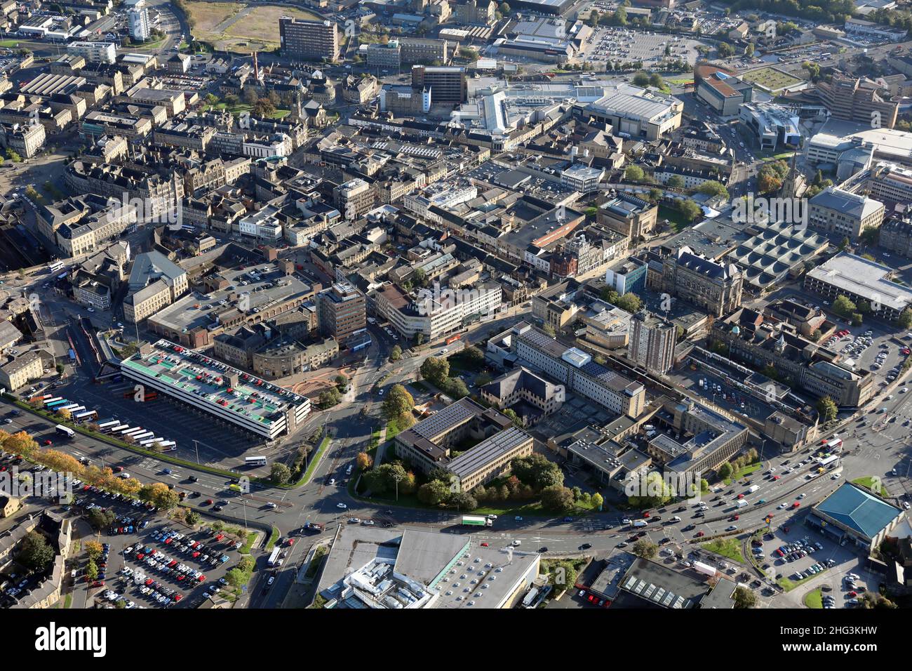 Vista aerea di Huddersfield Town Center, West Yorkshire Foto Stock