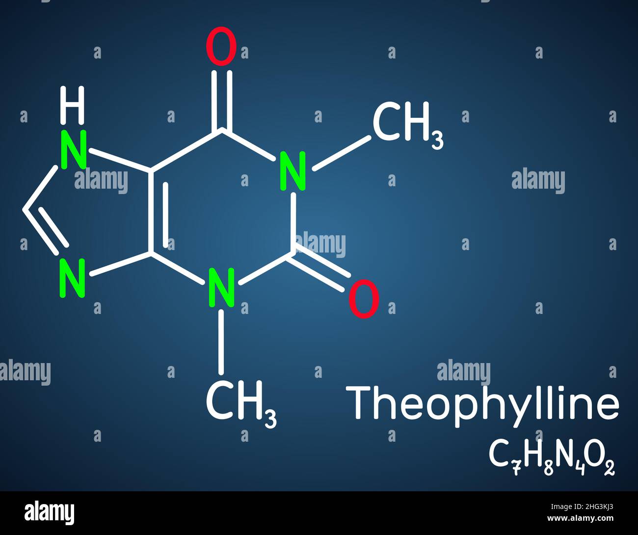 Teofillina o molecola di 1,3-dimetilxantina. Alcaloide della purina, dimetilxantina, derivato della xantina. Farmaco vasodilatatore, asmatico, antiinfiammatorio. Illustrazione Vettoriale