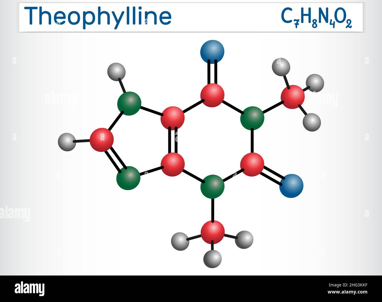 Teofillina o molecola di 1,3-dimetilxantina. È alcaloide della purina, dimetilxantina, derivato della xantina. Vasodilatatore, broncodilatatore, asmatico, a Illustrazione Vettoriale
