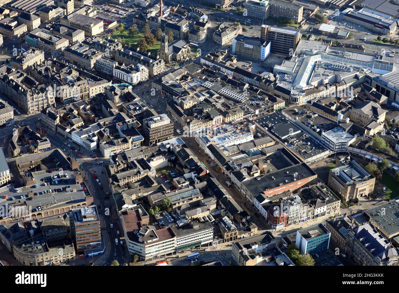 Vista aerea di Huddersfield Town Center, West Yorkshire Foto Stock
