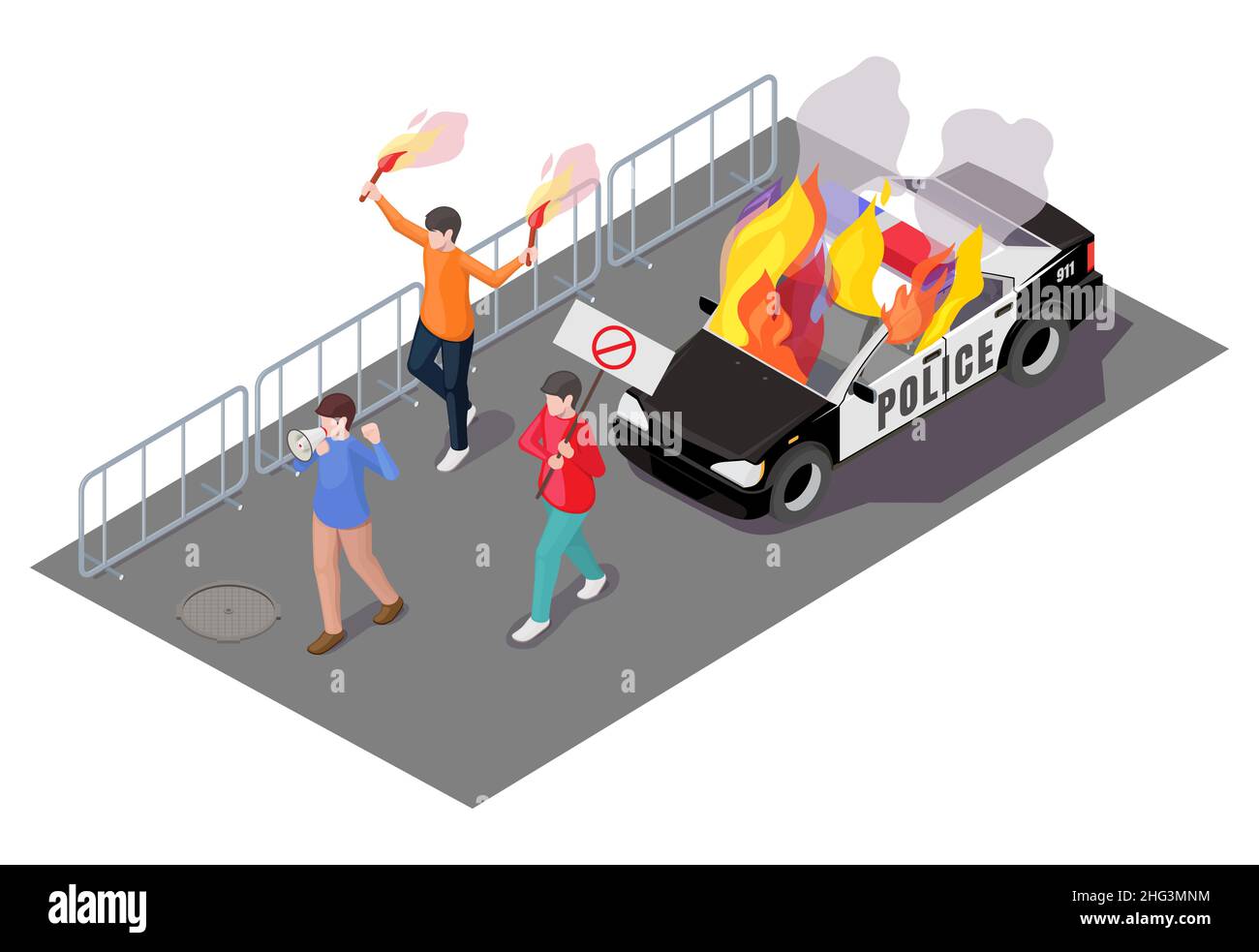 Azione di protesta, illustrazione isometrica vettoriale. Violenti disordini pubblici, disordini civili, disordini di strada. Illustrazione Vettoriale