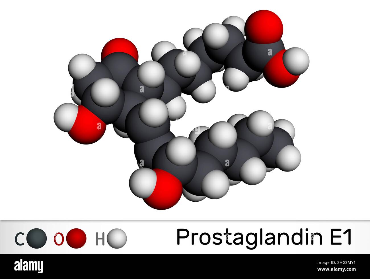 Prostaglandina E1, PGE1, molecola di alprostadil. È potente agente vasodilatatore, farmaco usato per trattare la disfunzione erettile. Modello molecolare. 3D rende Foto Stock