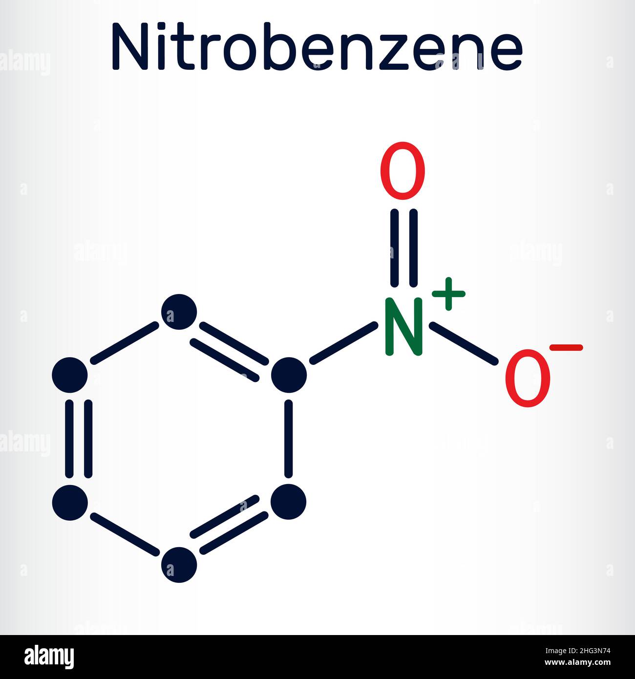 Molecola di nitrobenzene. Viene utilizzato nella produzione di anilina, coloranti, droghe, pesticidi e gomma sintetica. Formula chimica scheletrica. Vettore illu Illustrazione Vettoriale