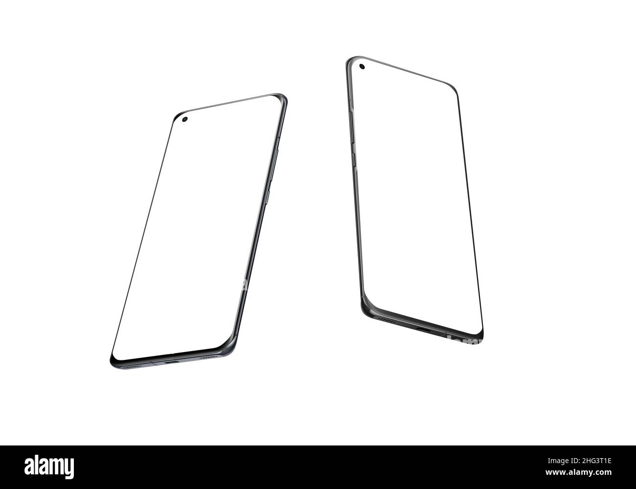 Due smartphone isolati in posizione isometrica, fly, drop. Display isolato per mockup. Telefono moderno con bordi sottili e rotondi e fotocamera sotto il display Foto Stock
