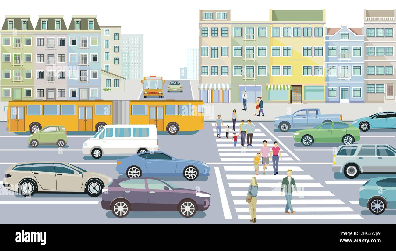 Silhouette cittadina con pedoni e traffico stradale, illustrazione Illustrazione Vettoriale