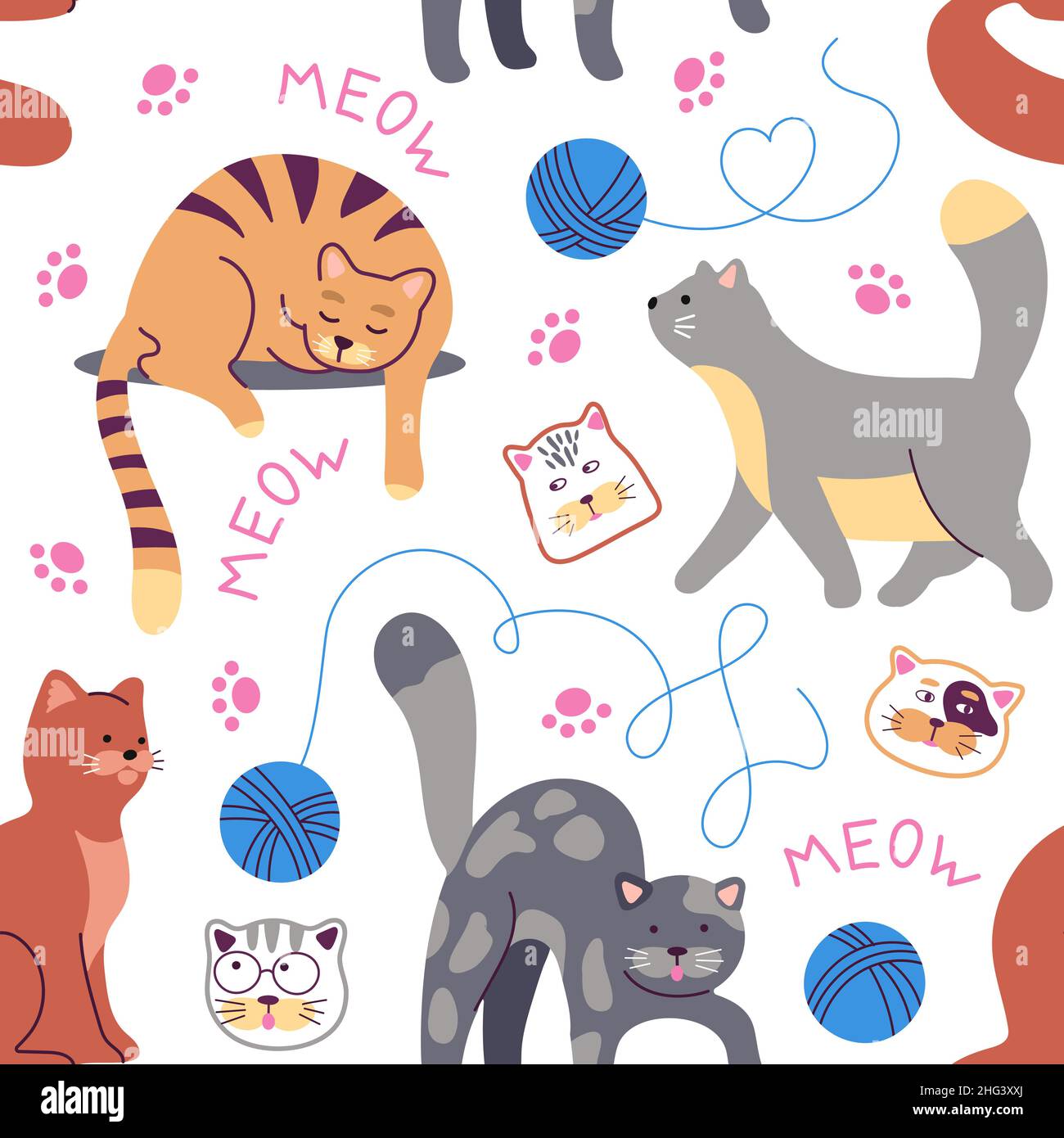 Gatti modello senza cuciture. Gatto stile bambino, disegno animale carino. Carta da parati infantile creativa, gattini funky e palla di filo. Stampa doodle Art per tessuti Illustrazione Vettoriale