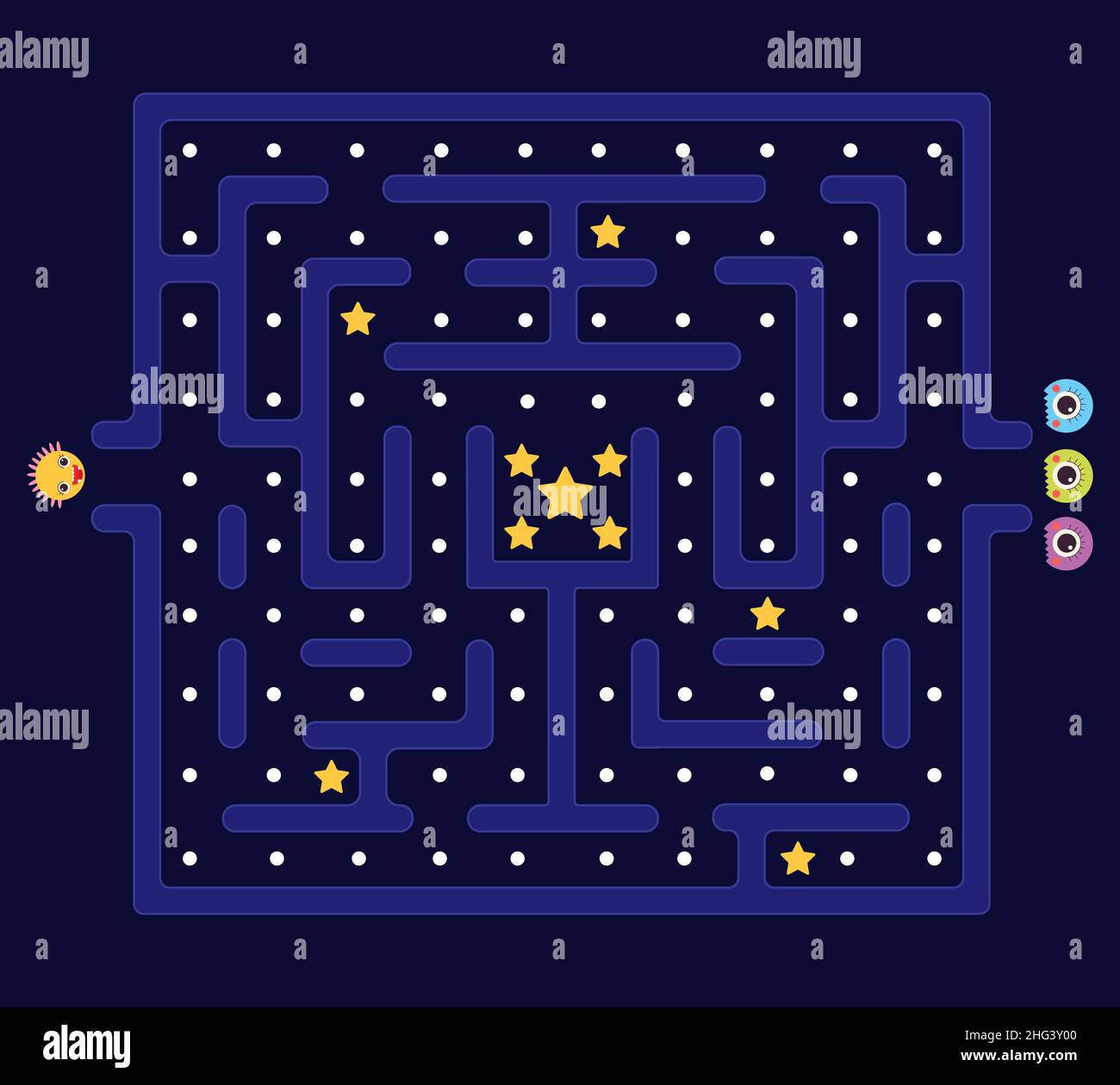 Labirinto Arcade. Pacman sfondo, pac man retro video gioco per computer. Difensore labirintico e mostri. L'app per bambini gioca in stile 80s, livello di videogioco decente Illustrazione Vettoriale