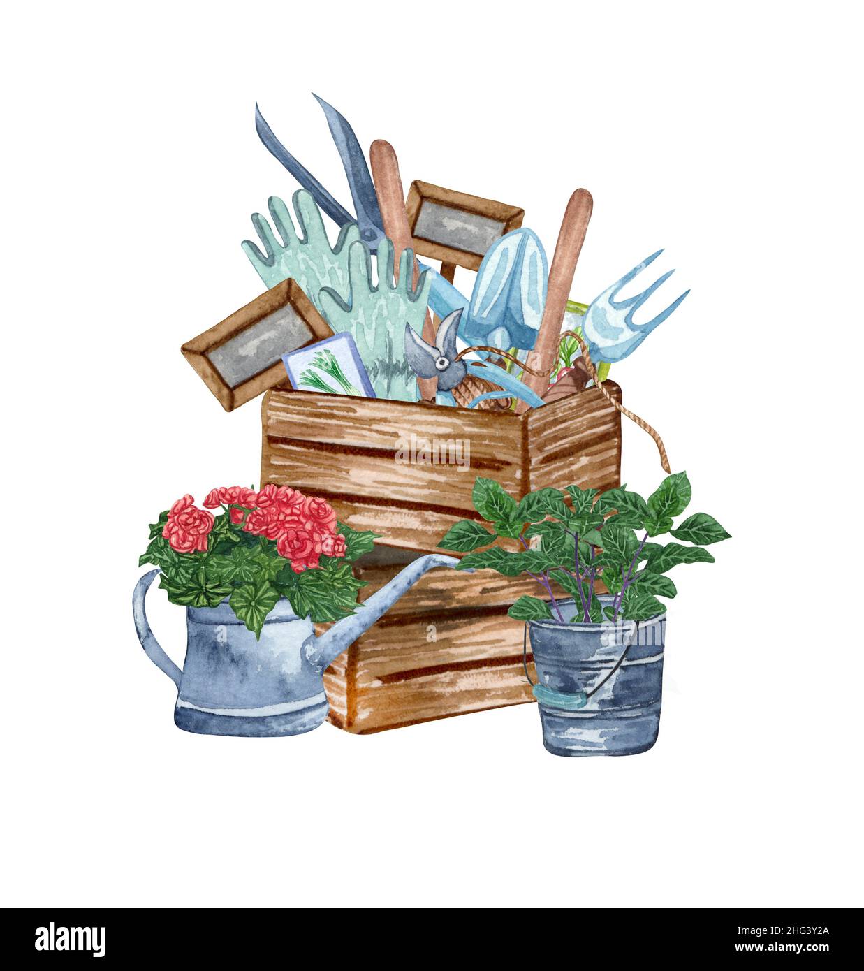 Acquerello set di oggetti da giardino scatola in legno, annaffiatoio con fiori, flowerpot. Attrezzi di giardinaggio. Illustrazione del giardino di primavera Foto Stock