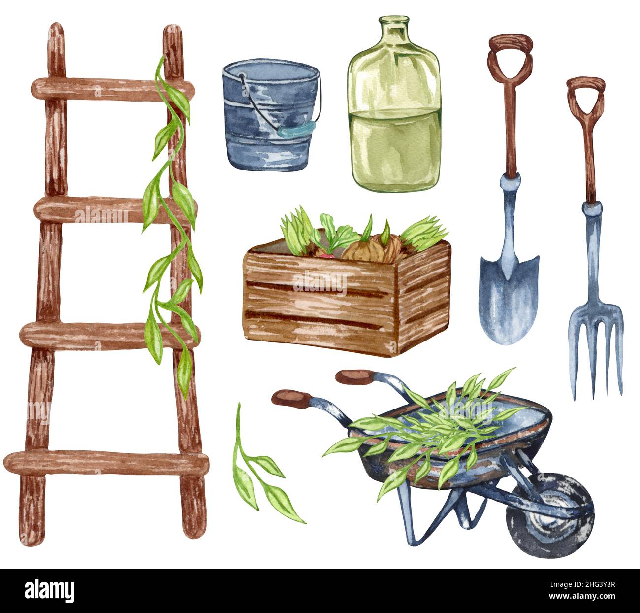 Watercolor set di oggetti da giardino una scala, scatola di legno, , annaffiatoio, flowerpot, carrello. Attrezzi di giardinaggio. Illustrazione del giardino di primavera. Foto Stock