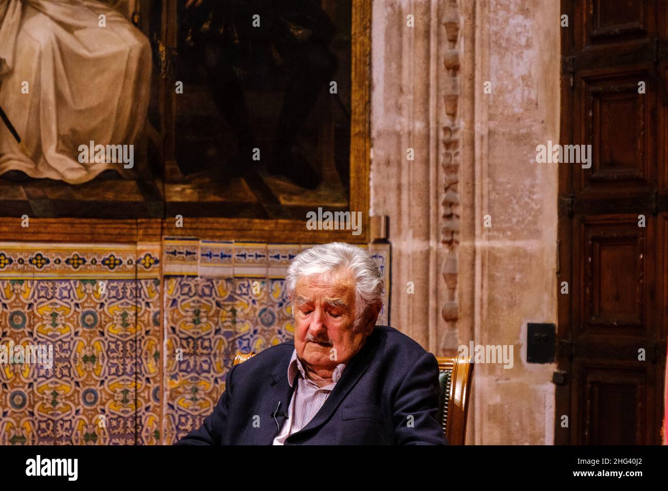 Valencia, Spagna; 4th febbraio 2020: L'ex presidente dell'Uruguay José Mujica è invitato al Palau de la Generalitat Valenciana durante la sua visita Foto Stock