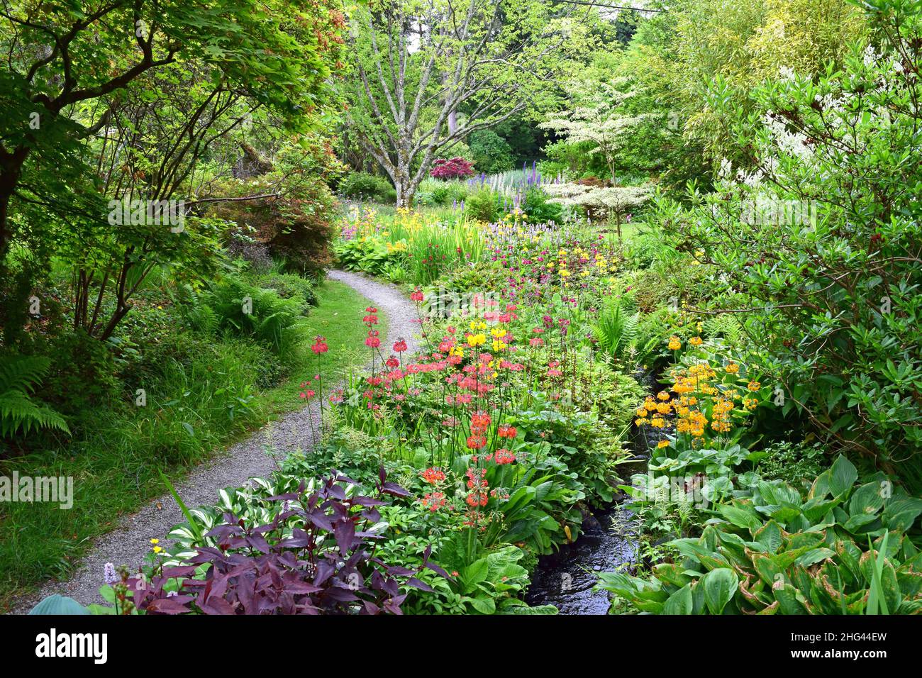 Un bel giardino pieno di alberi e fiori e un piccolo sentiero e torrente. Foto Stock