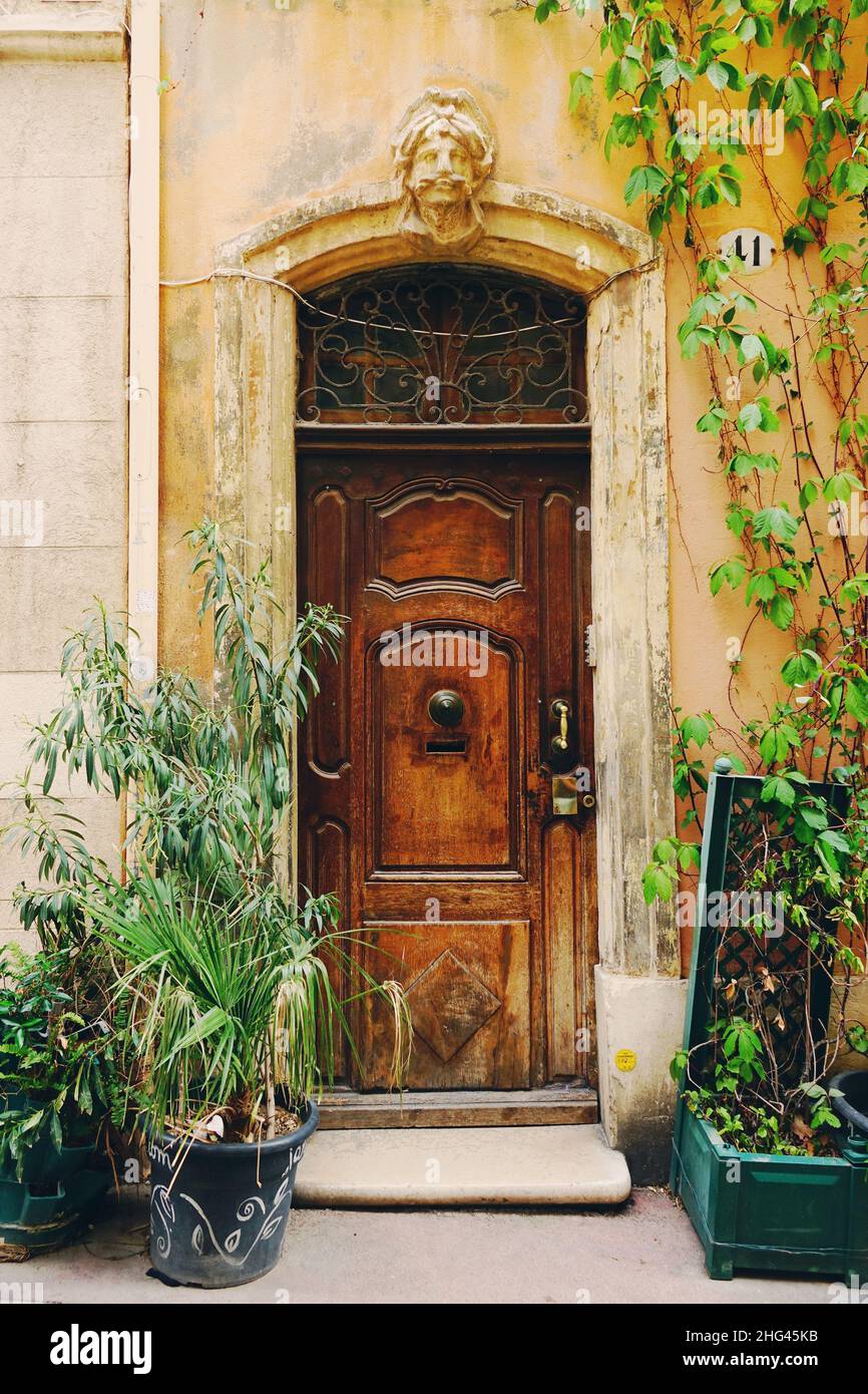 Porta in legno intemperiato con molte piante nel quartiere le Panier di Marsiglia, città del sud della Francia Foto Stock