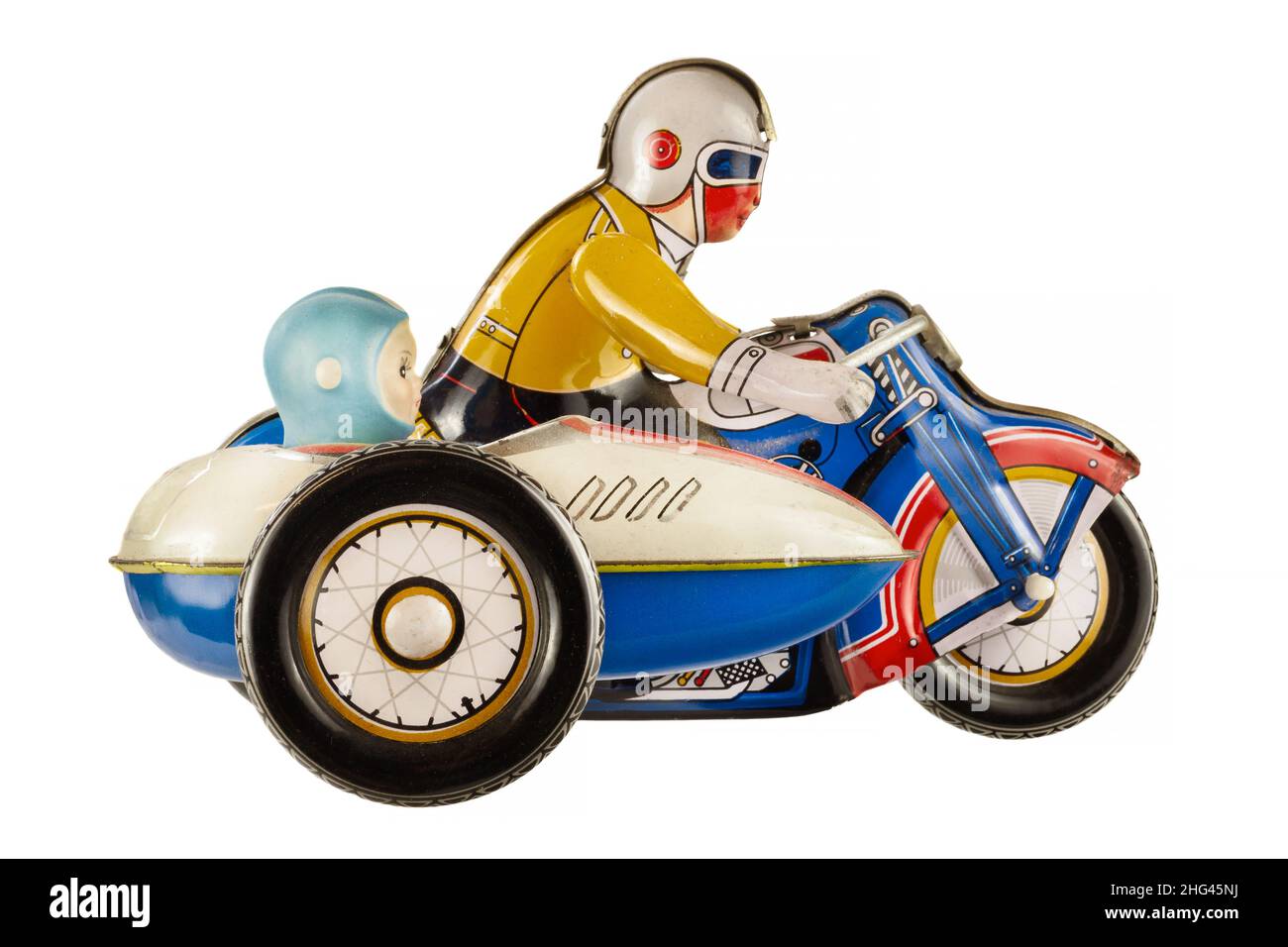 Moto d'epoca con giocattolo in metallo sidecar isolato su sfondo bianco Foto Stock