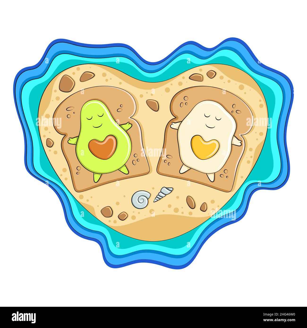 Avocado e uova sul pane tostato giacciono su un'isola a forma di cuore. Illustrazione vettoriale isolata su sfondo bianco. Illustrazione Vettoriale