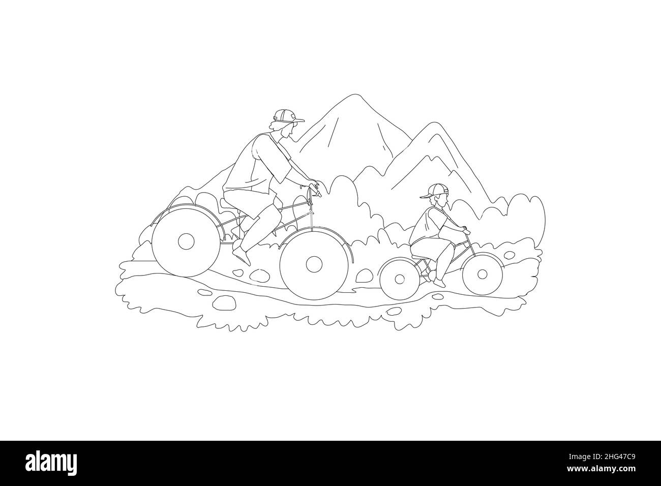 Papà e figlio bambino ciclismo montagna linea vettore Illustrazione Vettoriale