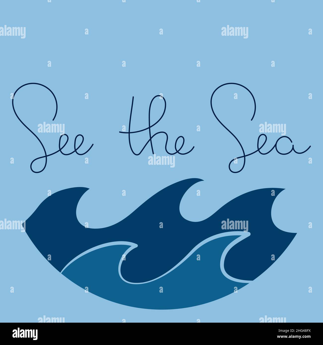 Semplici onde minimaliste e frase scritta disegnata a mano acqua lago fiume logo illustrazione vettoriale, design isolato su sfondo blu Illustrazione Vettoriale