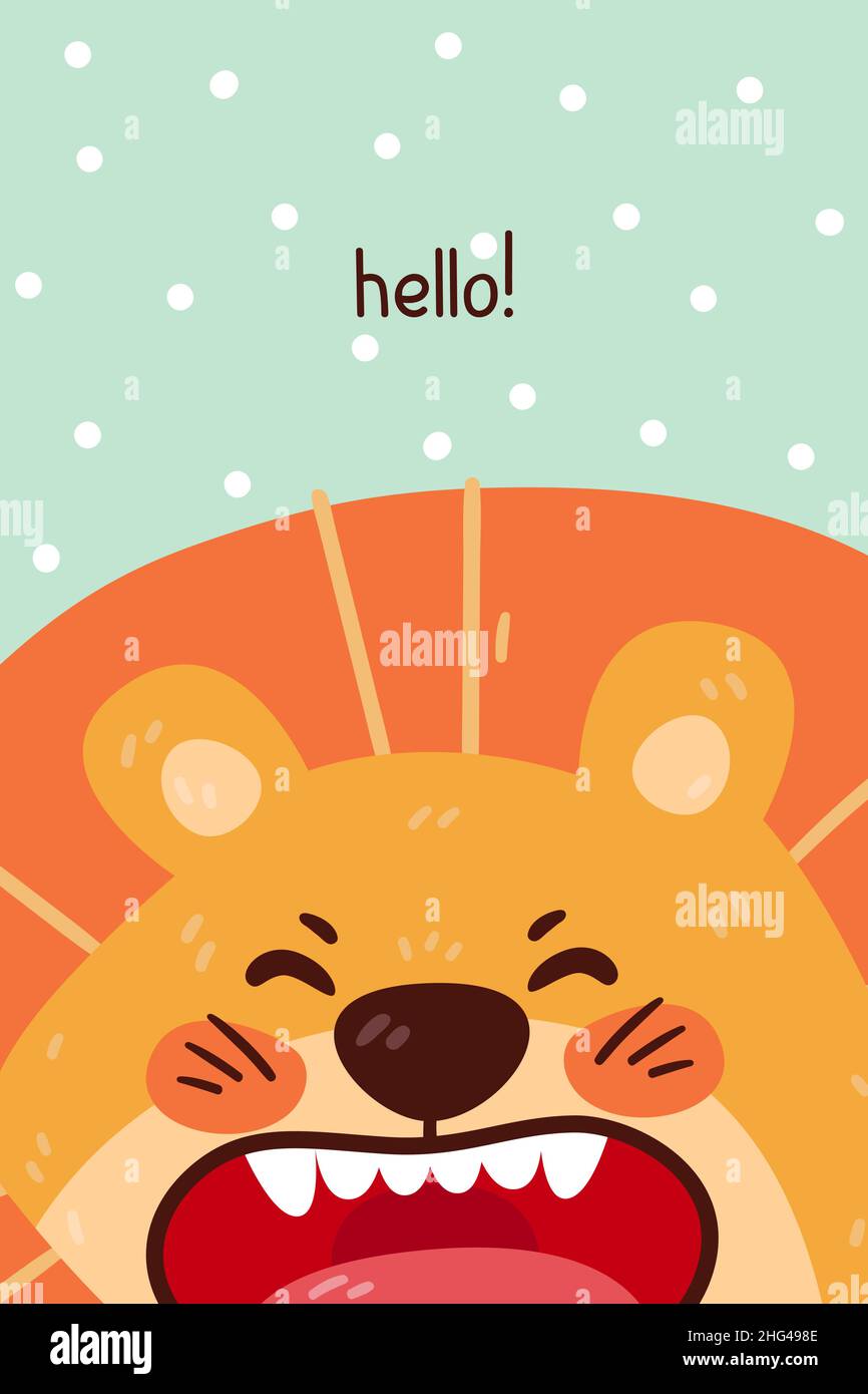 Carino ritratto di ruggito leone e carino e ciao citazione. Illustrazione vettoriale con carattere animale semplice isolato sullo sfondo. Progettare per la tessera di compleanno Illustrazione Vettoriale