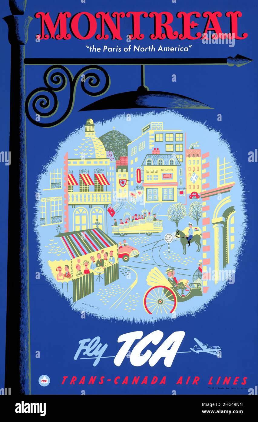 Montreal, la Parigi del Nord America. Vola TCA di Jacques le Flaguais (1921-1986). Poster pubblicato nel 1952 in Canada. Foto Stock