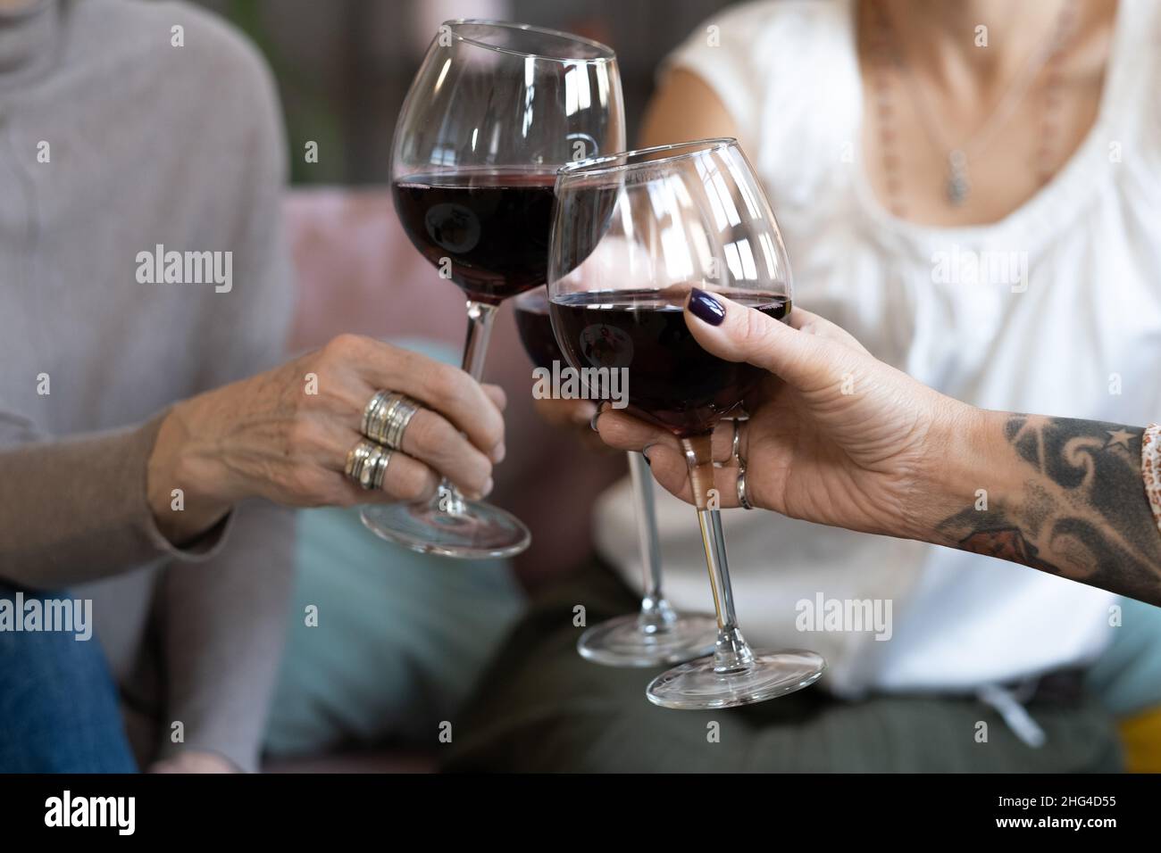 Primo piano di donne mature che tostano con bicchieri di vino rosso durante la riunione Foto Stock