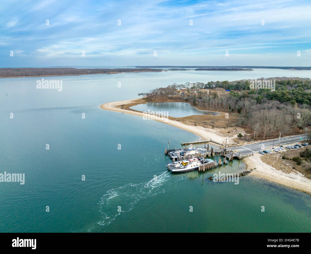 Vista aerea del South Ferry a North Haven, NY Foto Stock