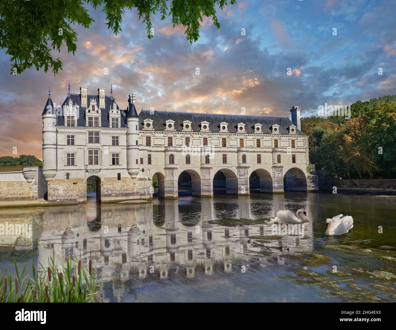 Il Renaissance Chateau de Chenonceau che attraversa il fiume Cher, Indre-et-Loire, costruito nel 1514–1522. Il ponte sul fiume è stato costruito (1556-1559) a. Foto Stock