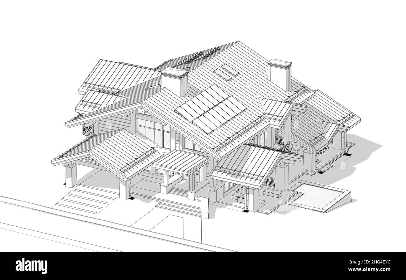 3d rendering di chalet moderno e accogliente con piscina e parcheggio in vendita o in affitto. Colonne con travi in legno massiccio. Schizzo di linea nera con ombre chiare tenue attive Foto Stock