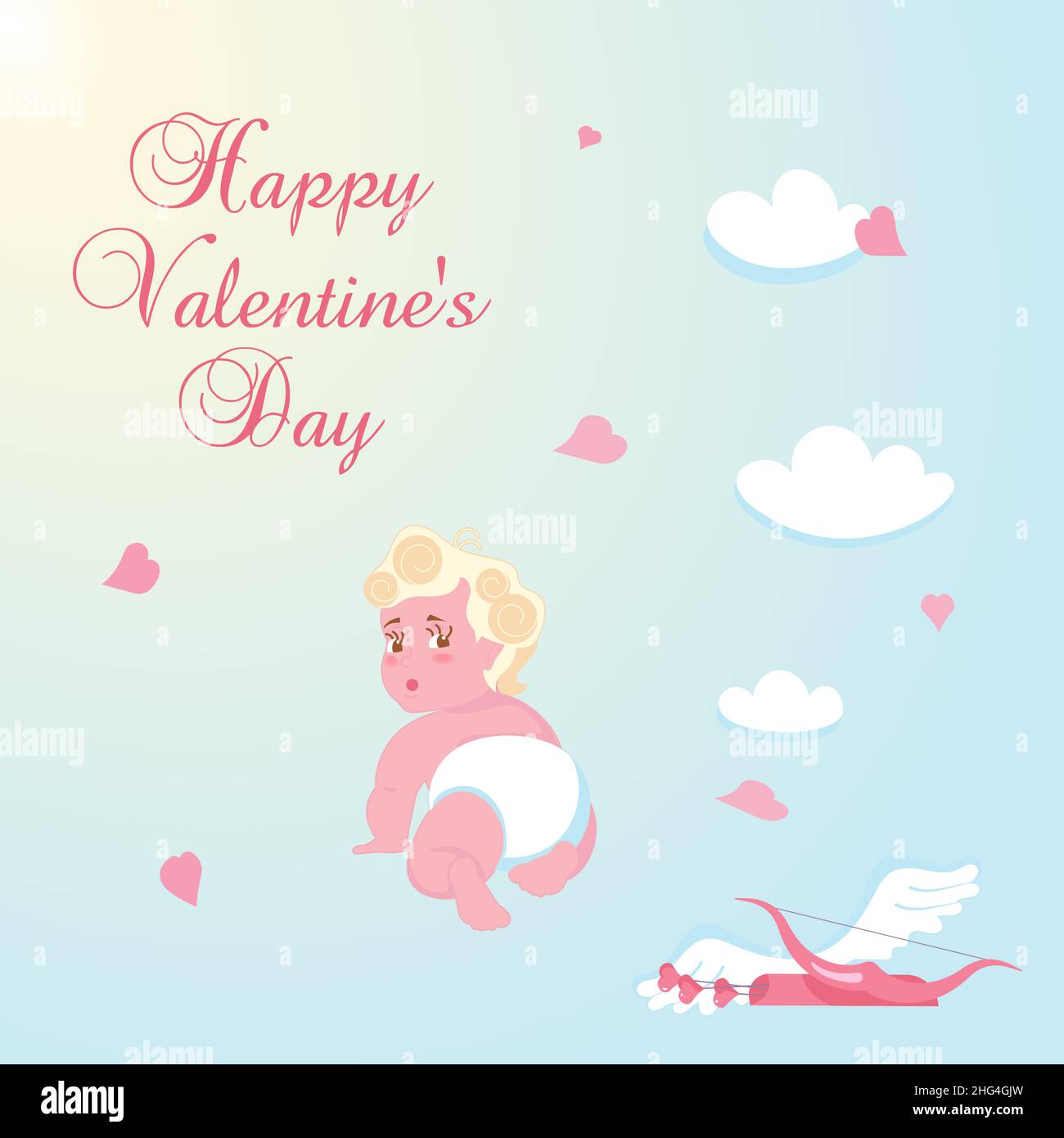 Biglietto di auguri per buon San Valentino. Carino bambino Cupido isolato su sfondo blu cielo. Illustrazione del vettore Flat Art. Illustrazione Vettoriale