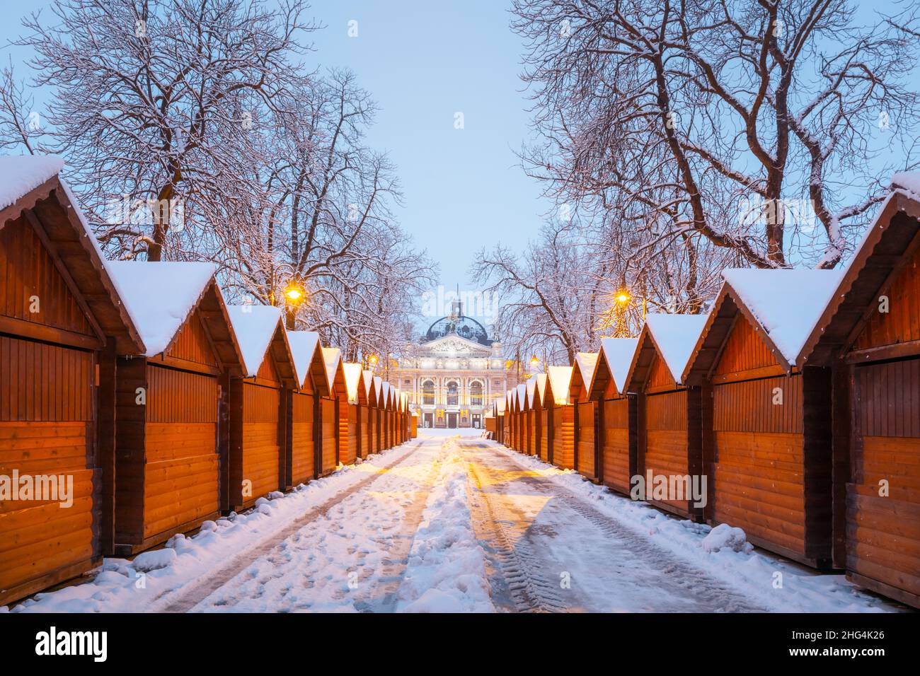 Solomiya Krushelnytska Lviv state Academic Theatre of Opera and Ballet in inverno. Chiosco della fiera di Natale in legno di fila con la luce della città al mattino Foto Stock