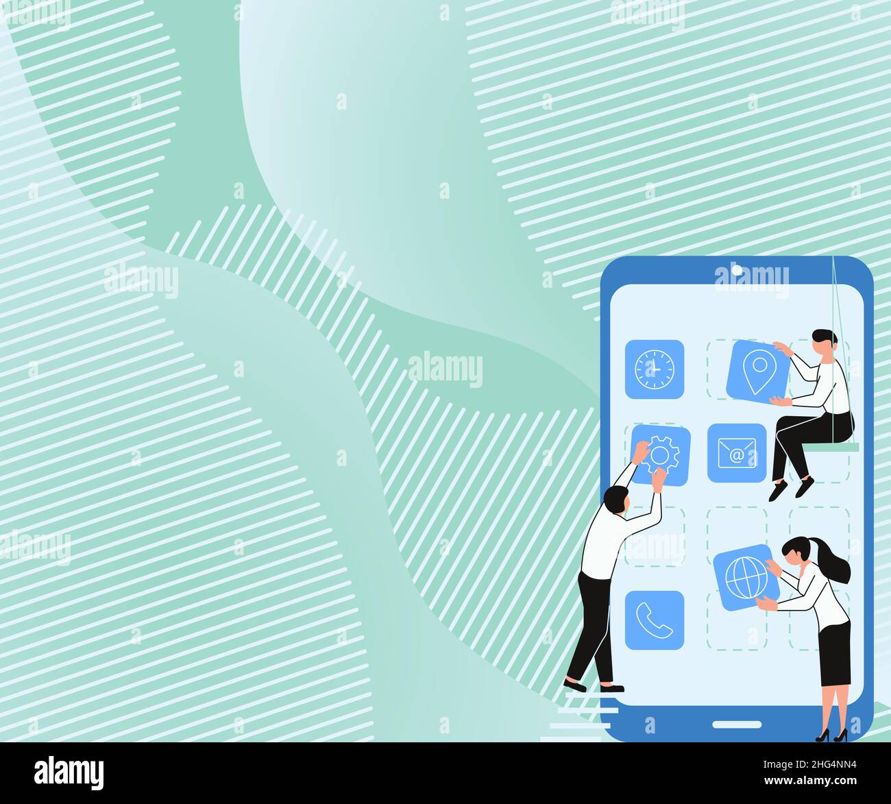 Tre colleghi che trasportano applicazioni mobili di decorazione. Illustrazione Vettoriale