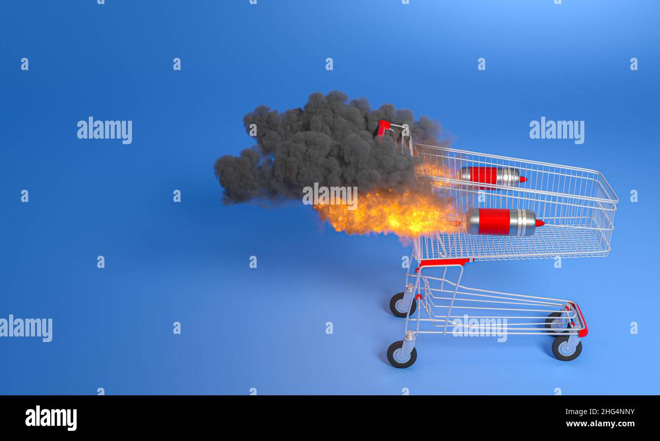 carrello con razzi con fumo e fiamme concetto di velocità. 3d rendering. copyspace. Foto Stock